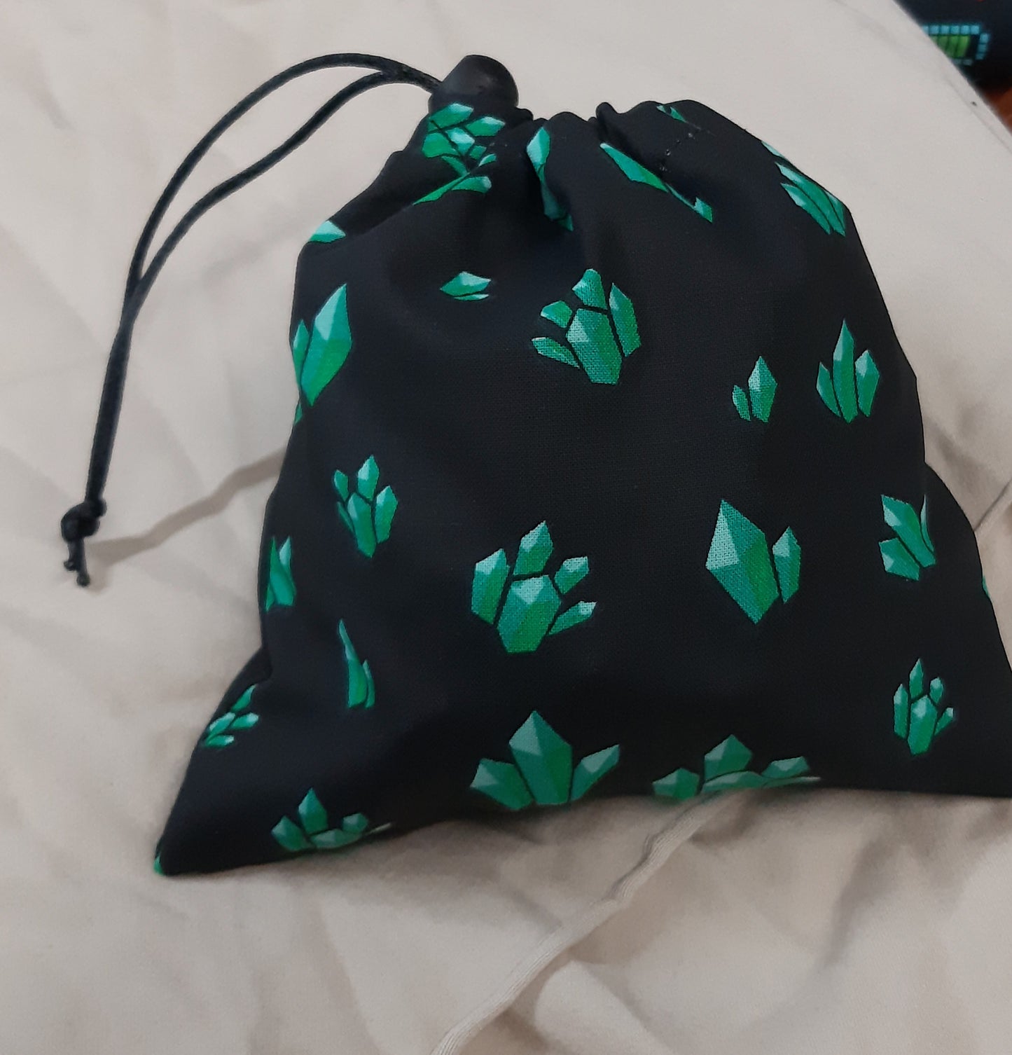 Green Crystals on Black Dice Bag